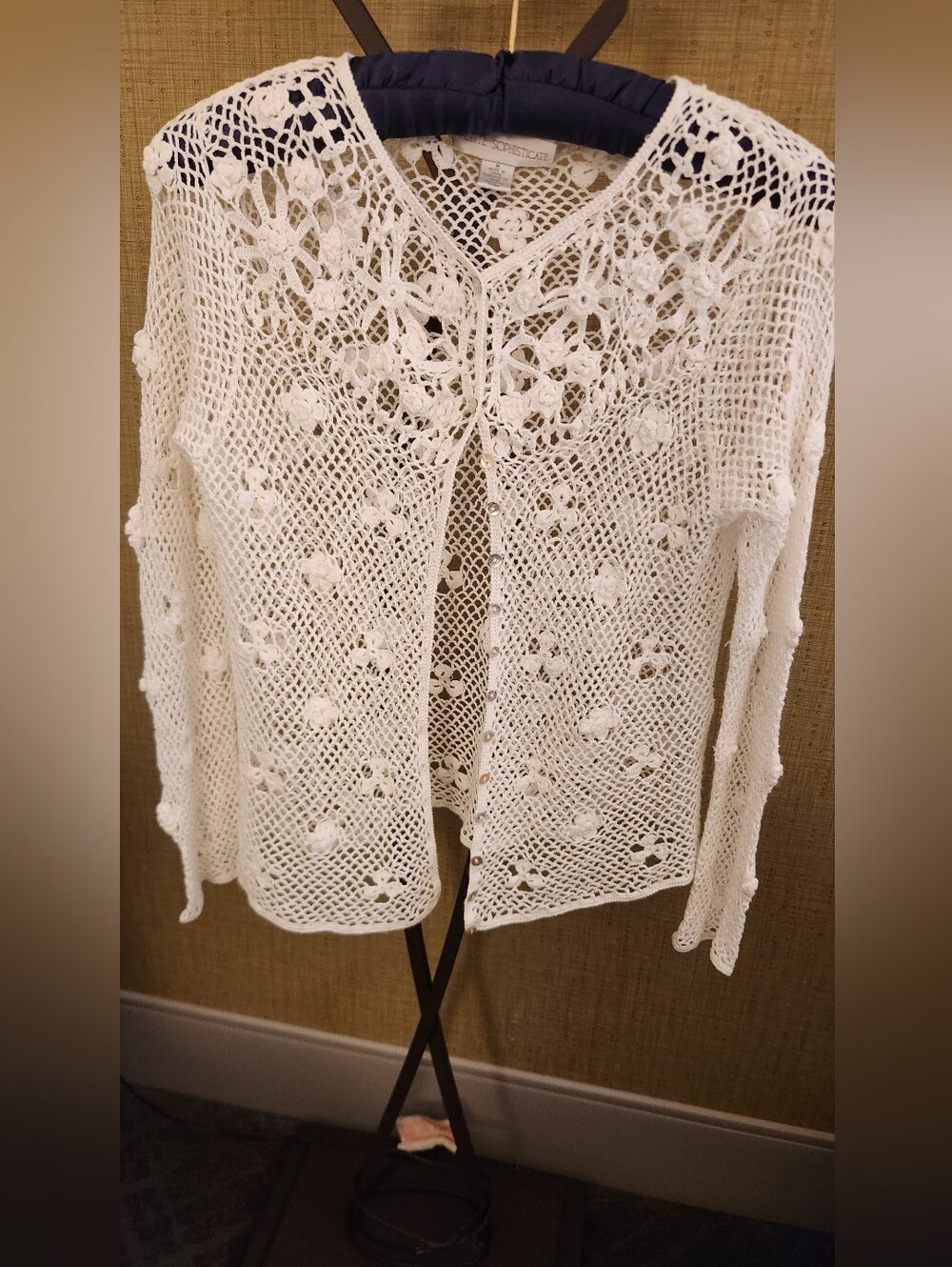 Crochet Openwork White Women’s Sweater Cardigan Button